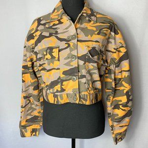 New Look Womens Orange Camo Cropped Denim Jean Jacket Size Medium